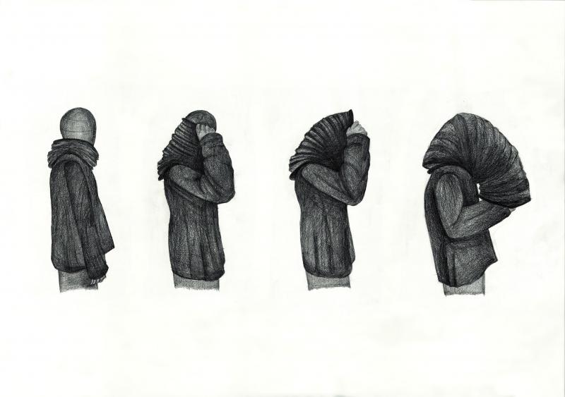 Freehand drawing of different phases of a technological garment, which was designed in order to show the isolation which is caused nowadays by technological dominance in human life.